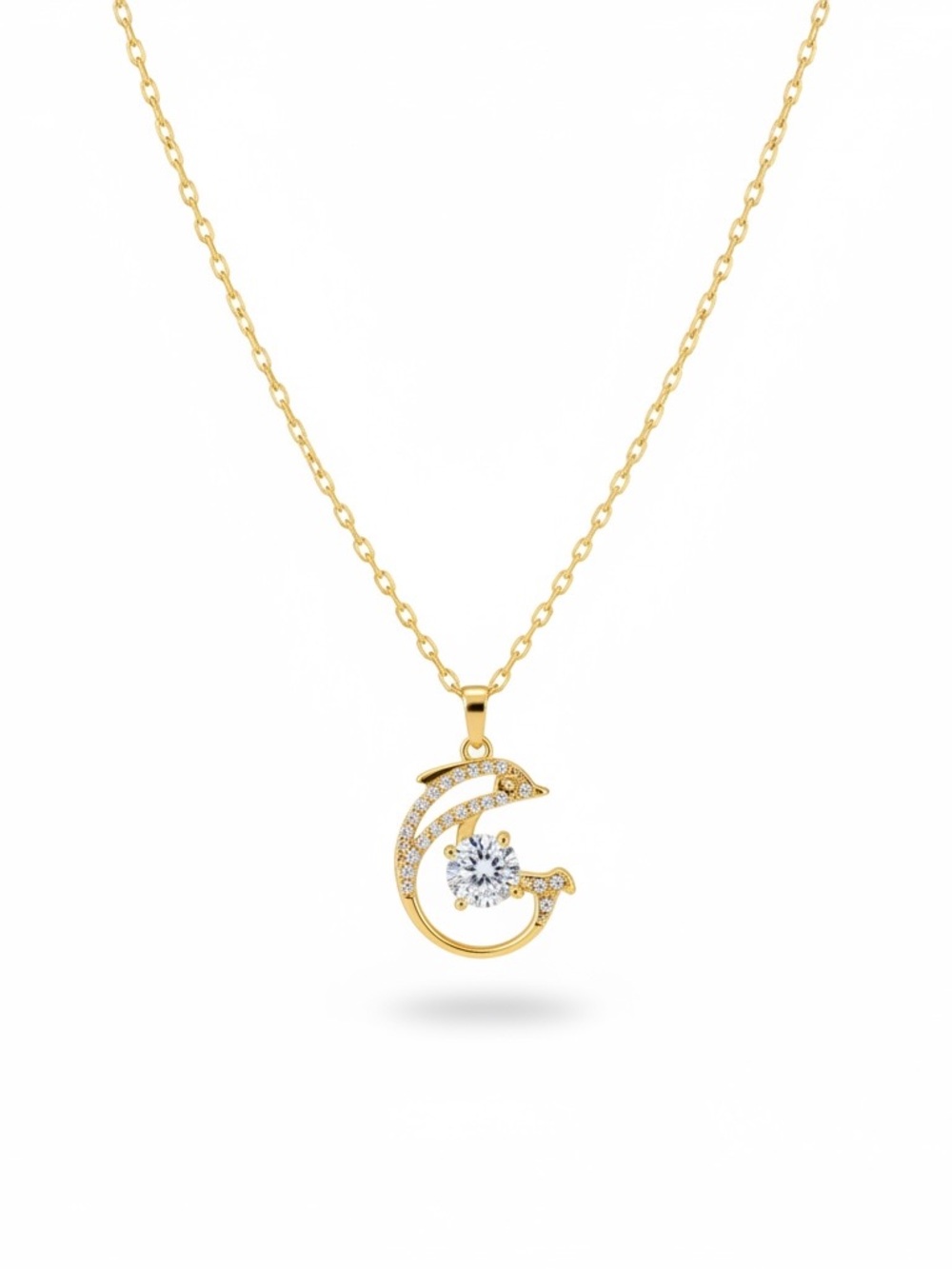Gold Dolphin Pendant Necklace with Clear Crystal Accent
